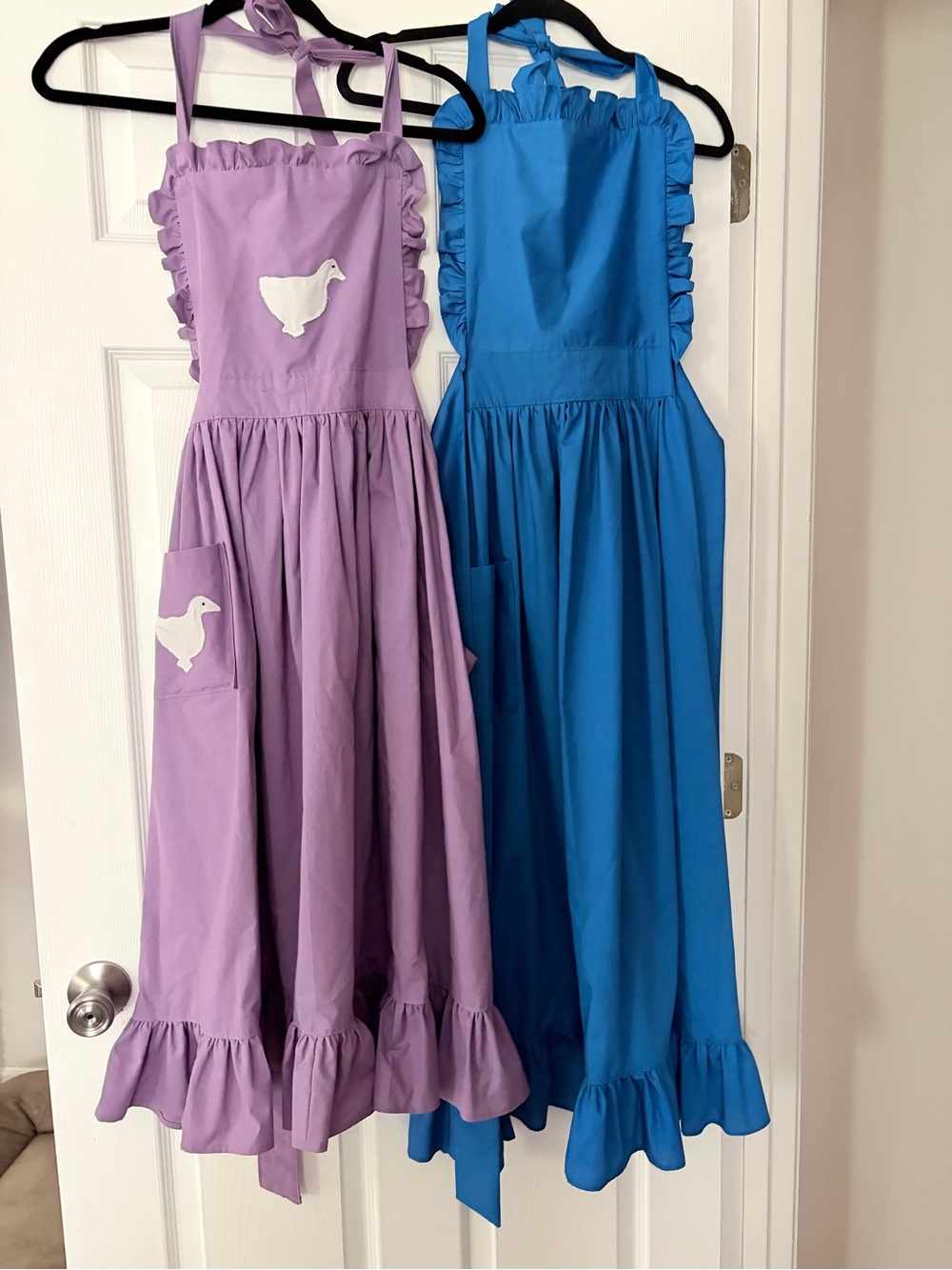 Women’s vintage Handmade Ruffled Apron with Duck Patch - Purple and Blue